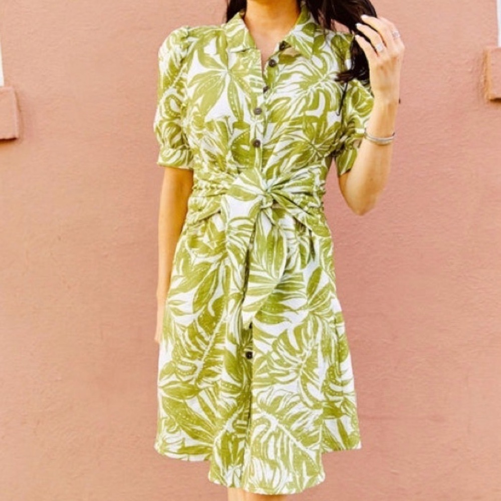 Rachel Parcell Green Leaf Print Mini Dress with waist ties size S